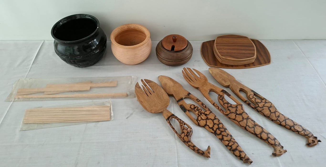 Hand-carved African wooden kitchen utensil set and Ceramic Bowls