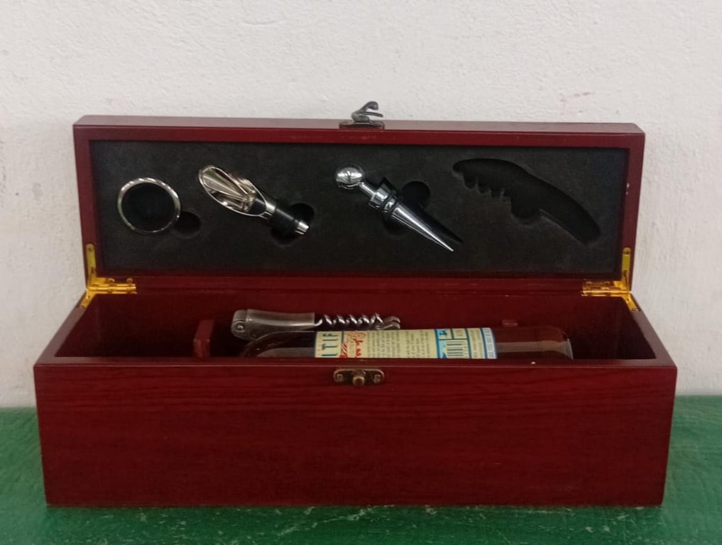 Wooden Wine Presentation Box with Bar Tools & Corkscrew