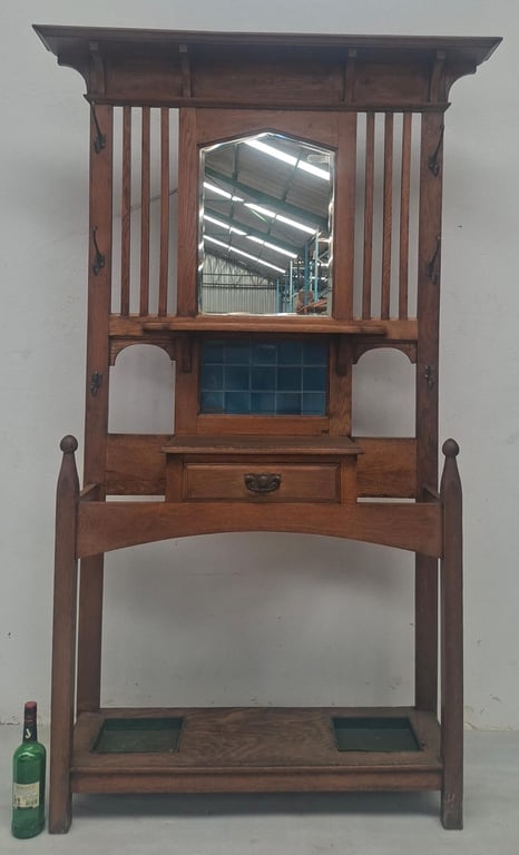 Oak Hall Stand with beveled Mirror and Umbrella Trays