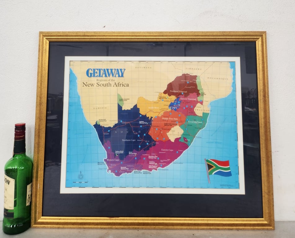 Framed map print titled "GETAWAY Regions of the New South Africa"
