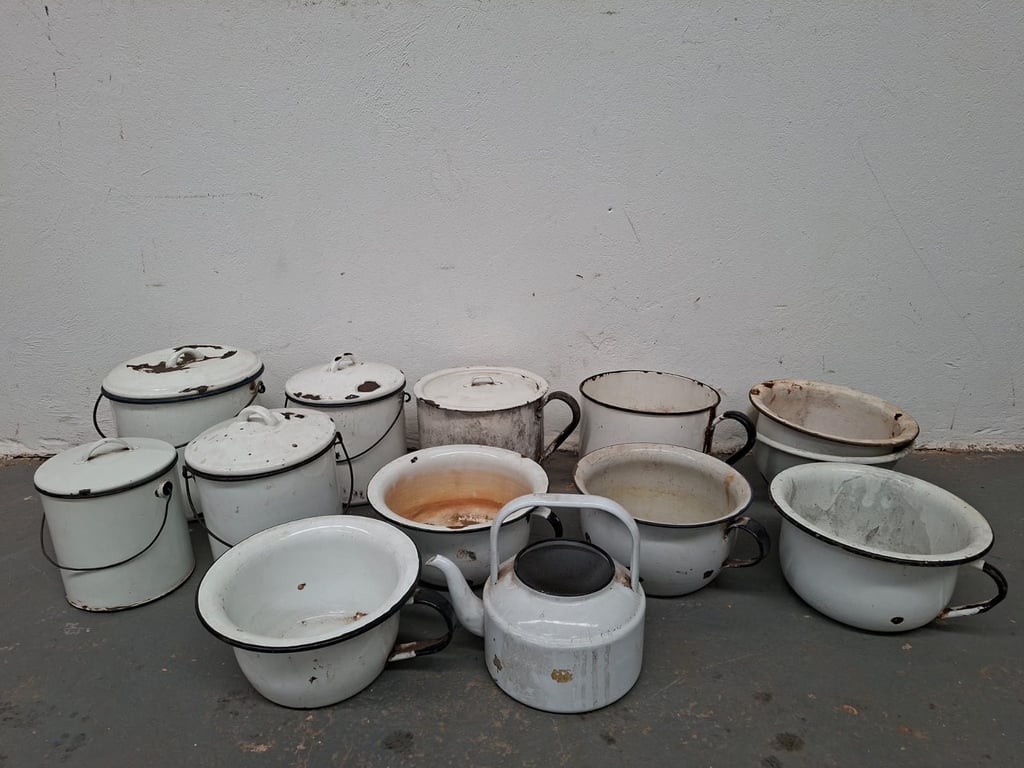 Large Mixed Lot of Vintage Enamel Bedpans and Chamber Pots