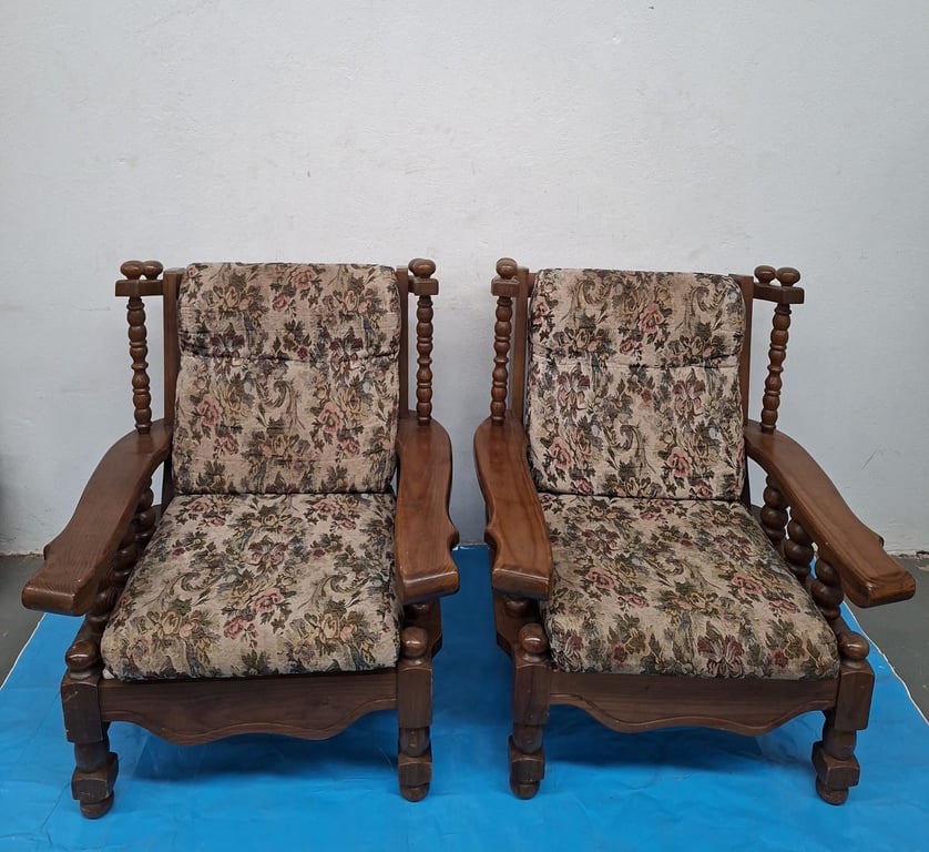 Vintage Wooden Armchairs with Upholstered Cushions bid per piece