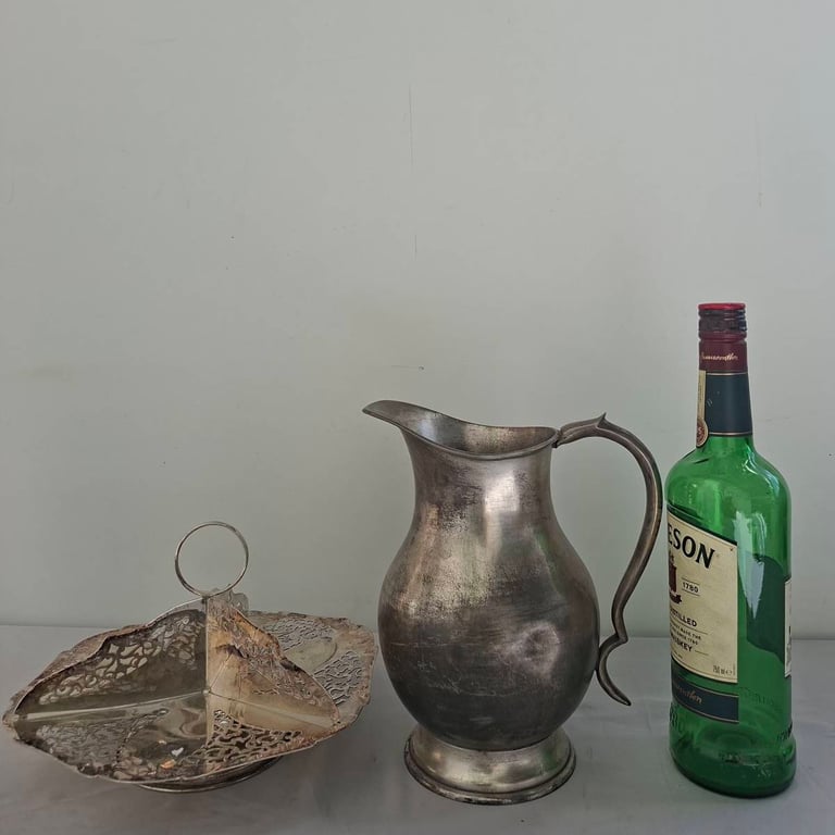 Vintage Silver-Plated Pitcher and a Decorative Dish.
