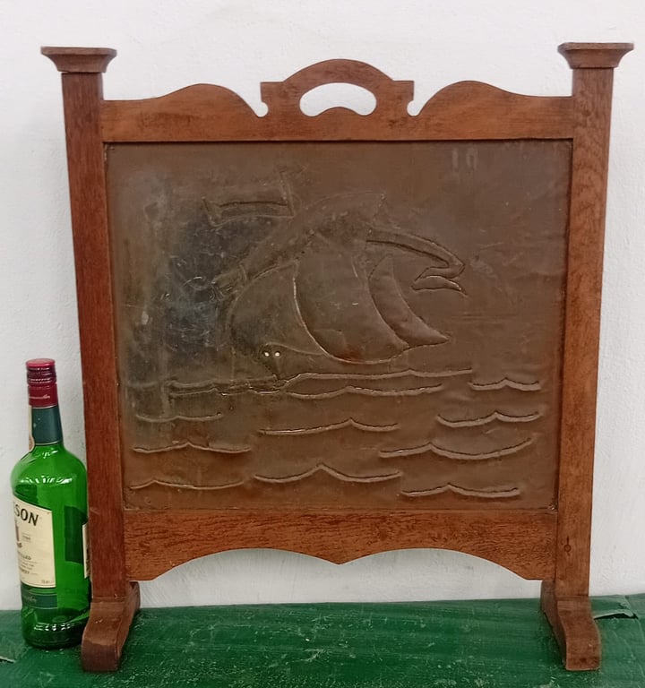 Vintage Wooden Fire Screen / Decorative Panel with Etched Sailing Scene