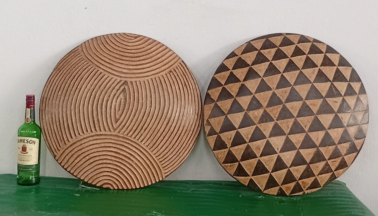 Pair of Large Hand-Carved Wooden Decorative Wall Discs / Panels