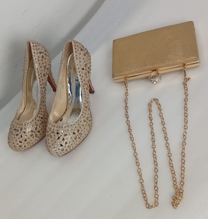 A Pair Of  Size 6 -Gold-Studded Stiletto High Heels & Matching Clutch Bag