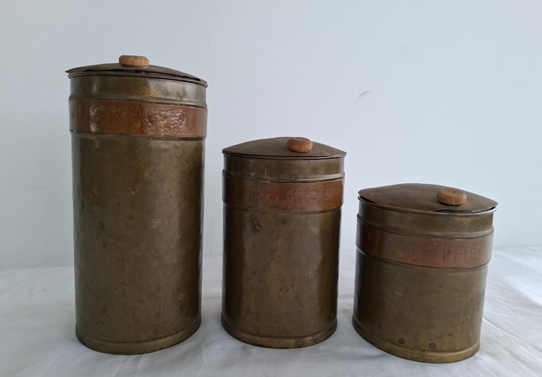 Set of Three Vintage Brass & Copper Storage Canisters with Wooden Knobs
