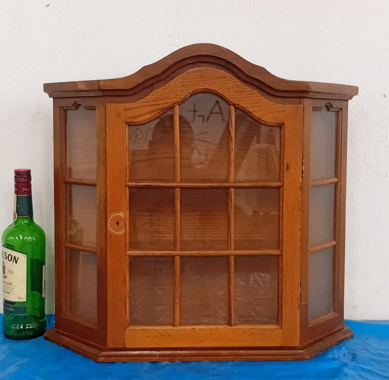 Solid Oak Wall Mount Display Cabinet with Leaded-Style Glass Panels