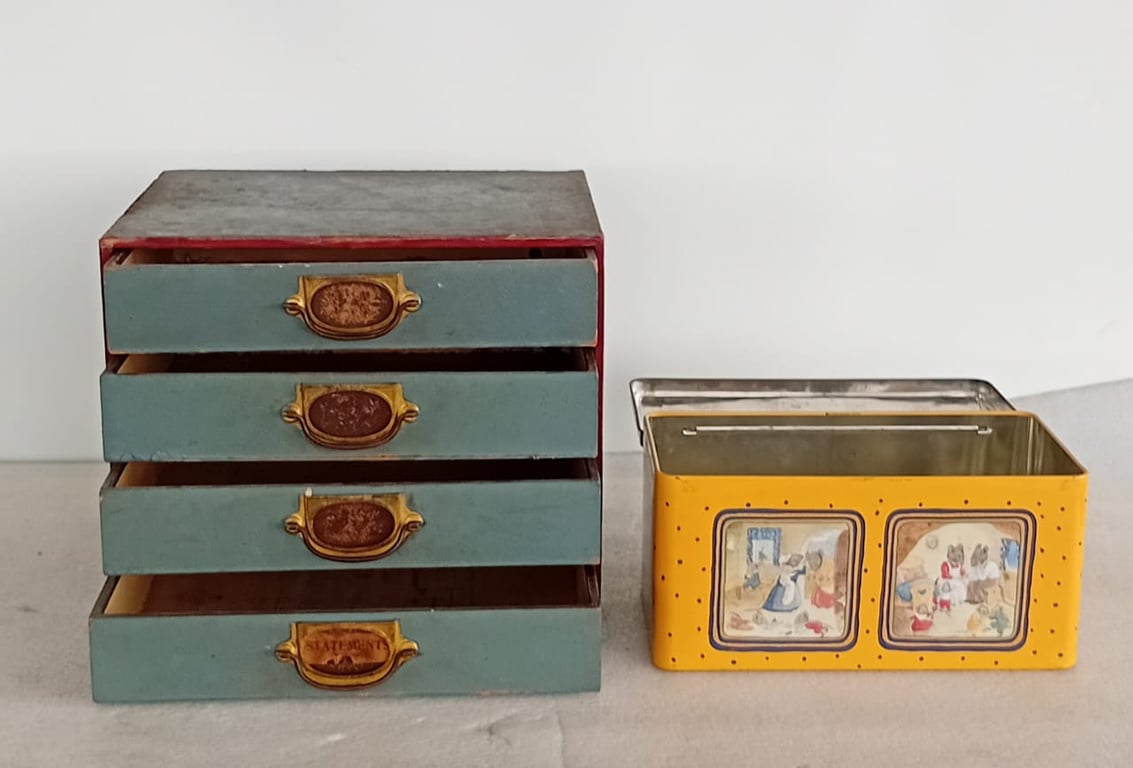 Vintage Desktop Drawer Unit + Illustrated Metal Tin Box