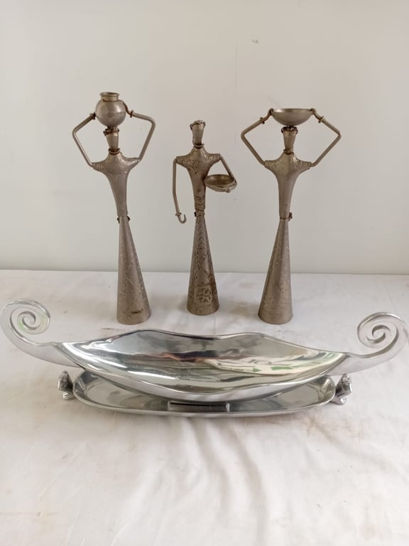 Art Deco Style Metal Figurines with Decorative Serving Bowl