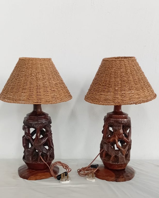 A Pair Of Hand-Carved Wooden Table Lamps