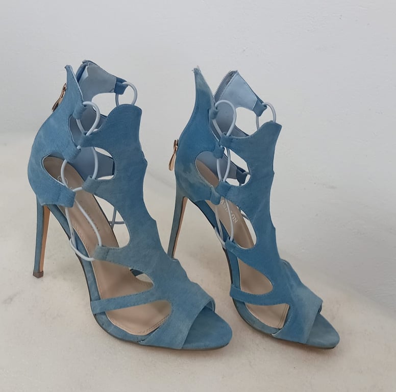 Light Blue Suede Strappy High Heel Sandals - Size 39