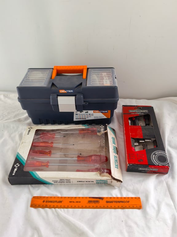 Toolbox with contents & 2 x Screwdriver Sets (1 phillips, 1 flat)