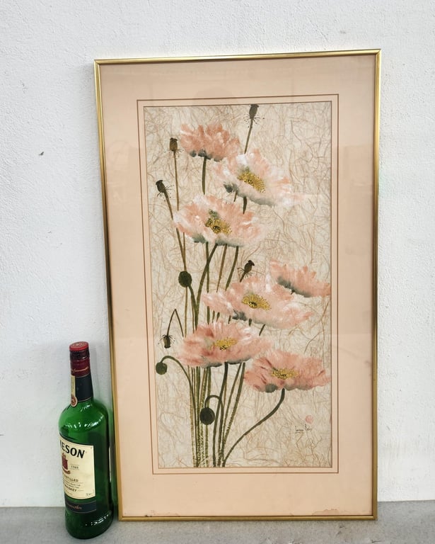Framed Floral Artwork – Soft Pink Poppies on Textured Paper