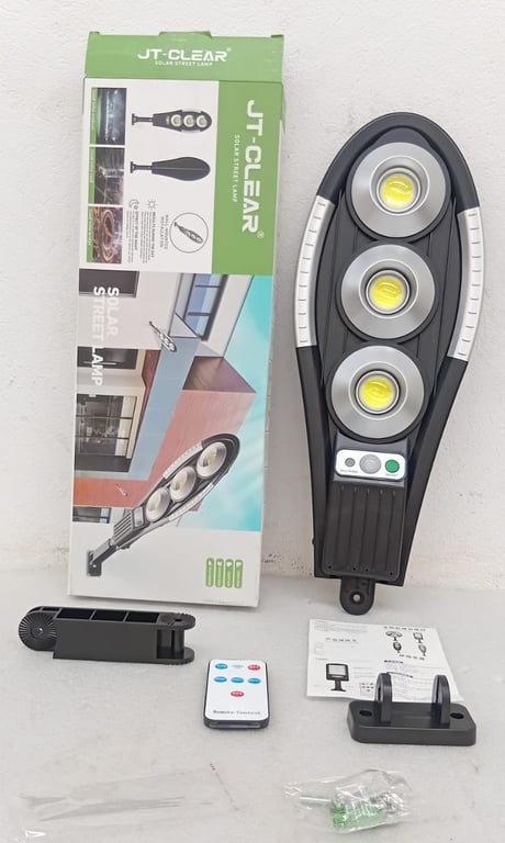 JT-Clear Solar Street Lamp – 3-Head LED with Remote (Brand New in Box)