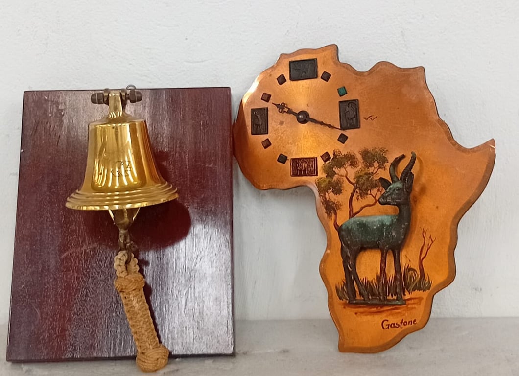 Decorative wall pieces brass wall bell mounted on a wooden plaque &  hand-painted Africa-shaped wall clock