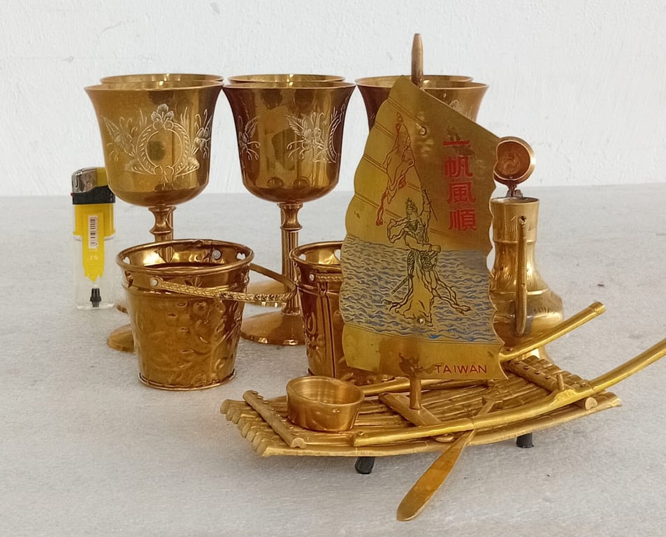 Mixed Brass Décor & Barware Lot (Asian-Themed, Taiwan)