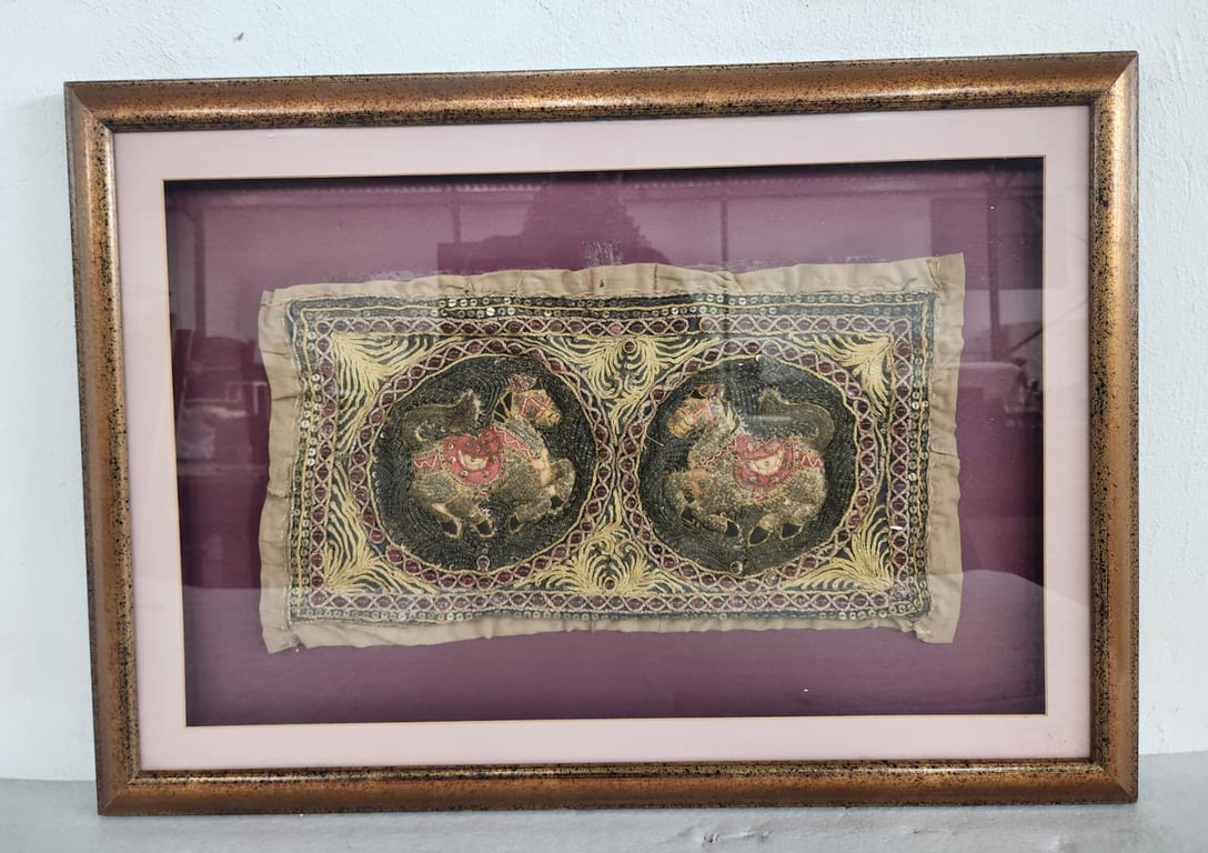 Framed Antique-Style Embroidered Elephant Textile