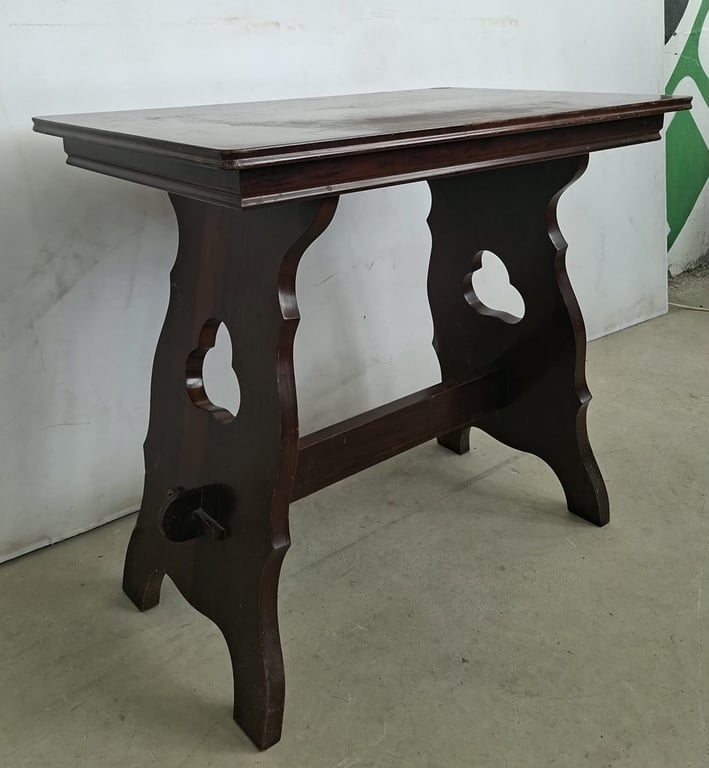 Vintage Dark Wood Side Table with Decorative Trestle Base