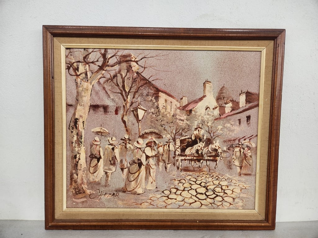 Framed European Street Scene – Vintage Painting