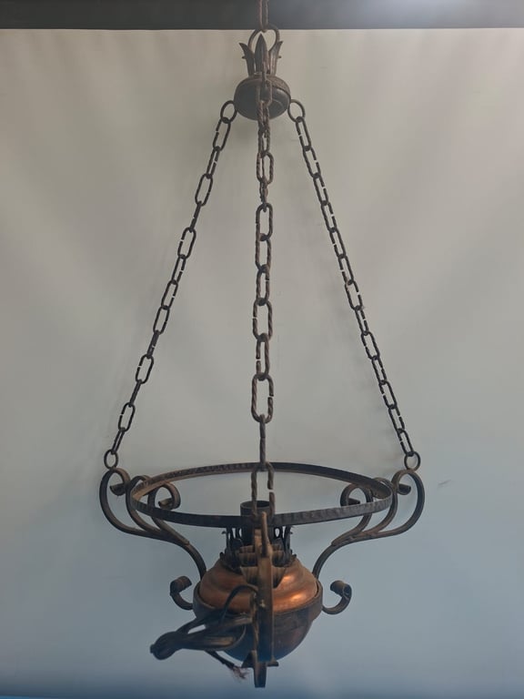 Antique wrought iron & copper hanging lamp