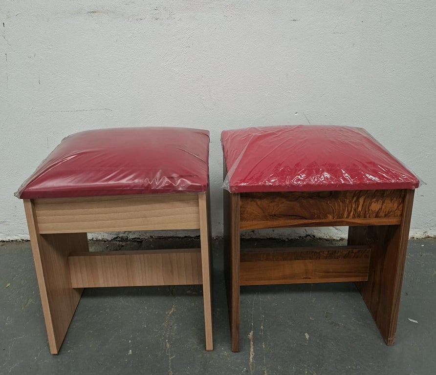 Vintage Wooden Footstools with Red Vinyl Cushions