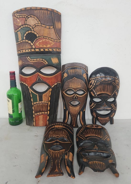 Hand-Carved Wooden Tribal Mask Collection – Set of Five