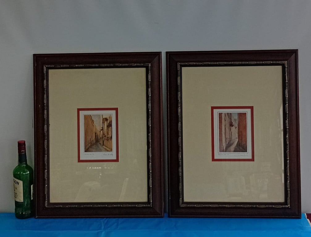Matching Pair of Large Framed Art Prints – European Street Scenes