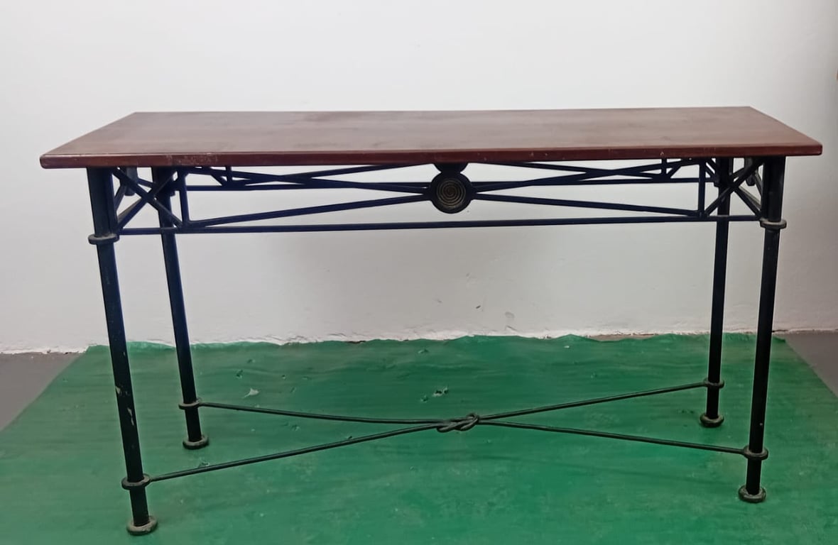 Vintage French Cast Iron Table With Solid Sleeper Wood Top
