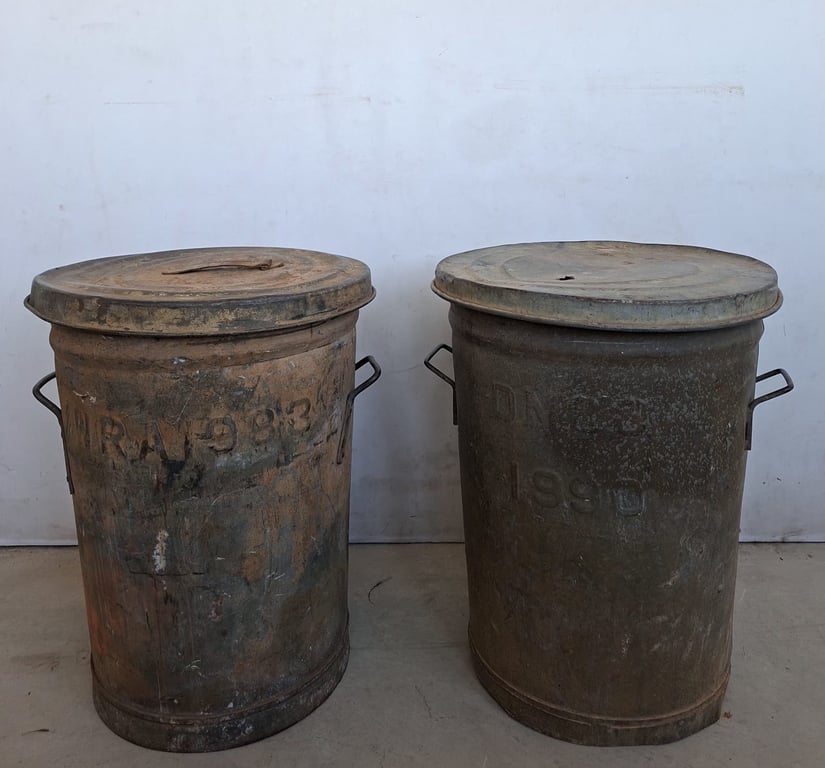 Dated Vintage Galvanised Metal Dustbins with Lids