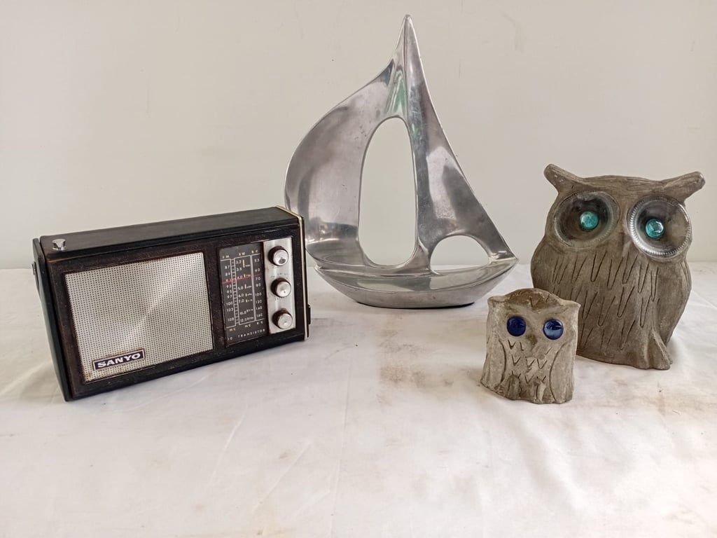 JL Small Radio, Owl Ornaments and Metal Sailing Boat