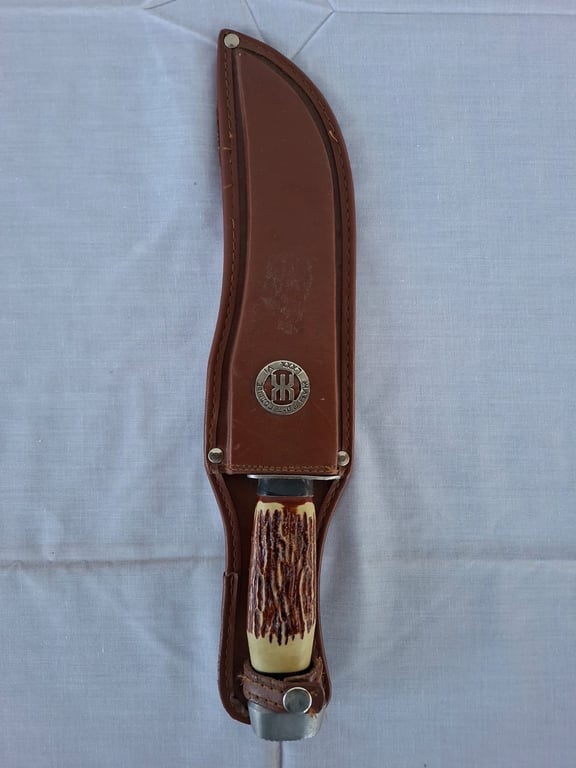 Hunting Knife with Stag Handle and Leather Sheath