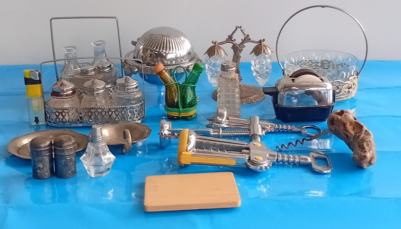 Mixed Vintage Barware & Table Accessories Collection – Silverplate, Glass & Kitchen Tools