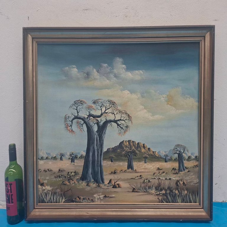 Framed Landscape Oil Painting – African Baobab Scene