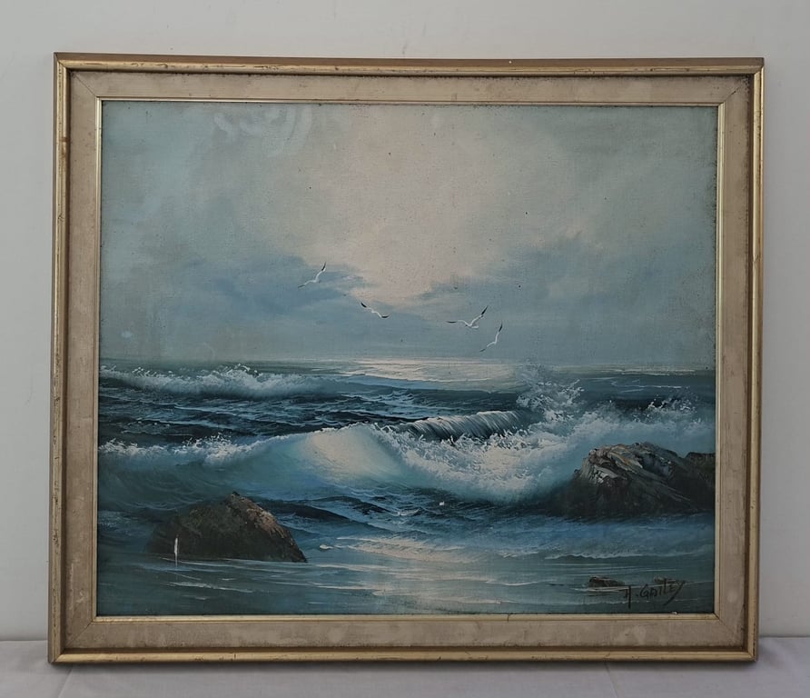 Framed Seascape Painting of Breaking Waves