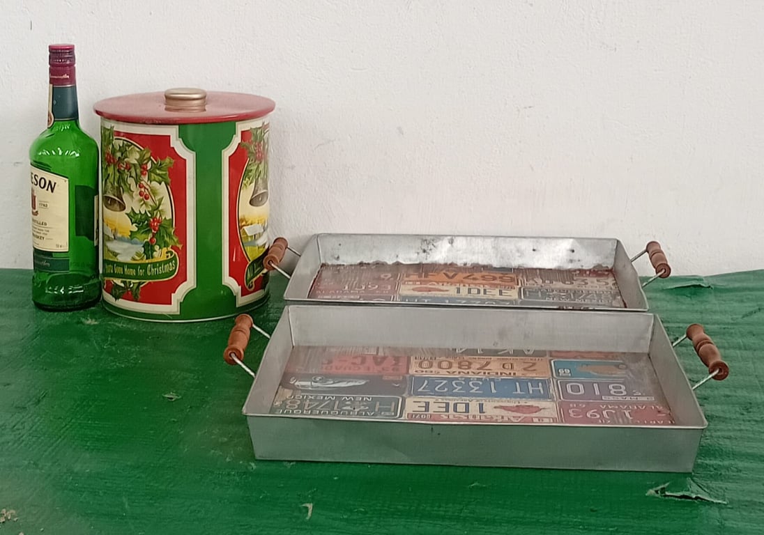 Vintage Christmas Tin Canister & Pair of Metal Serving Trays