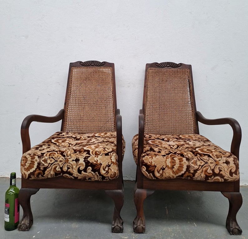 Pair of Antique Queen Anne–Style Wingback Armchairs with Claw-and-Ball Feet