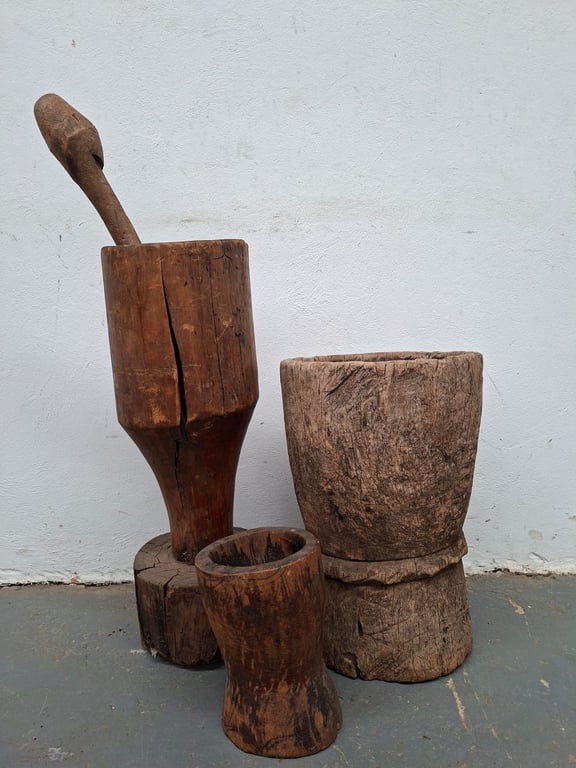Hand-Carved Solid Wood Mortar & Pestle Set with Auxiliary Grinding Vessels