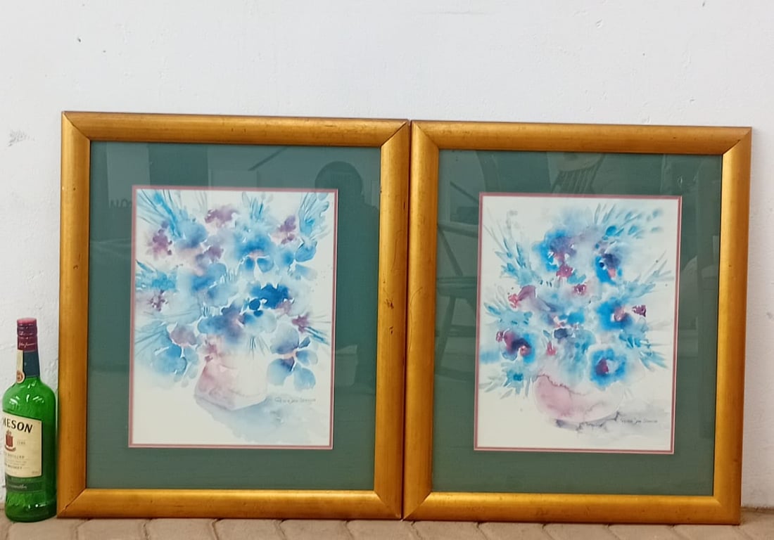 Pair of Framed Floral Art Prints / Watercolour-Style Paintings