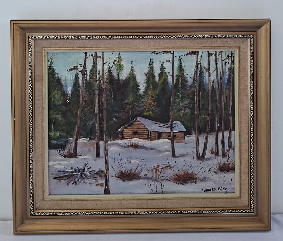 Framed Winter Forest Cabin Landscape Painting