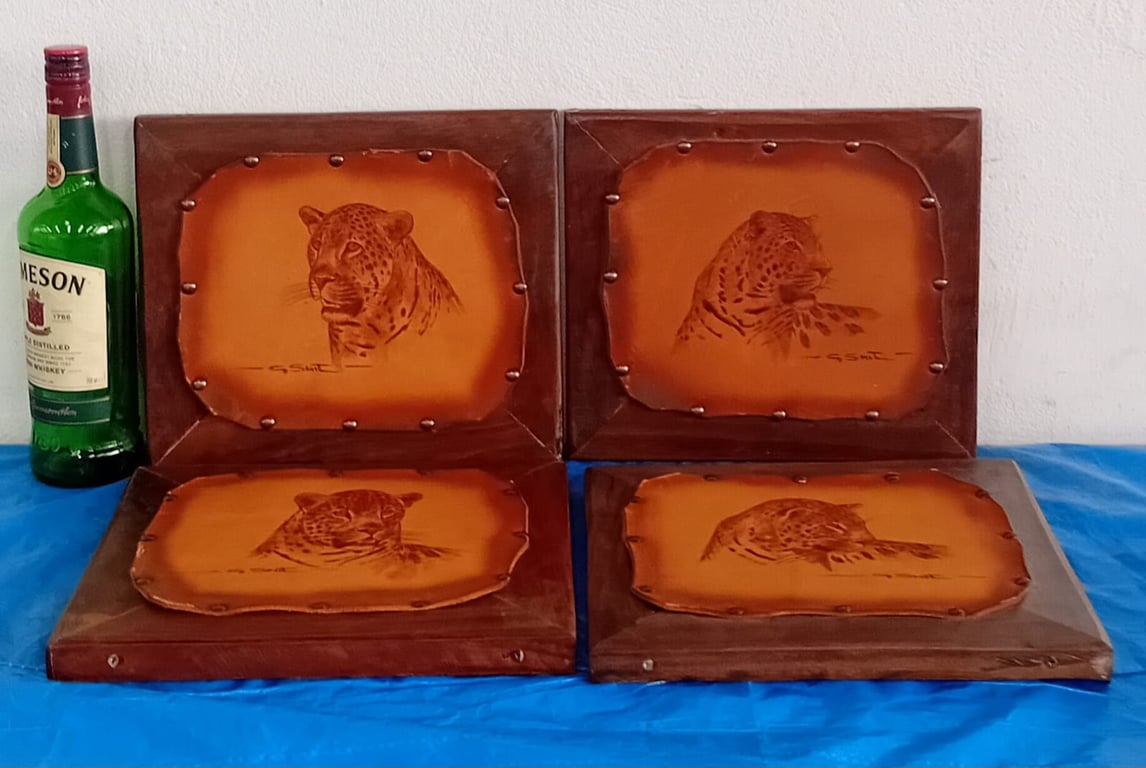 Handcrafted Leather Artwork Panels – Leopard Portraits (Set of 4)