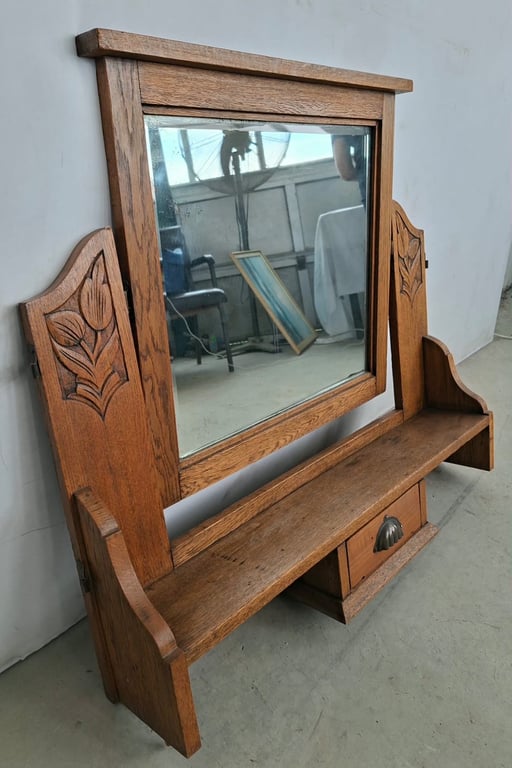 Art Deco Oak Dressing Table Mirror with Display Shelf & Drawer