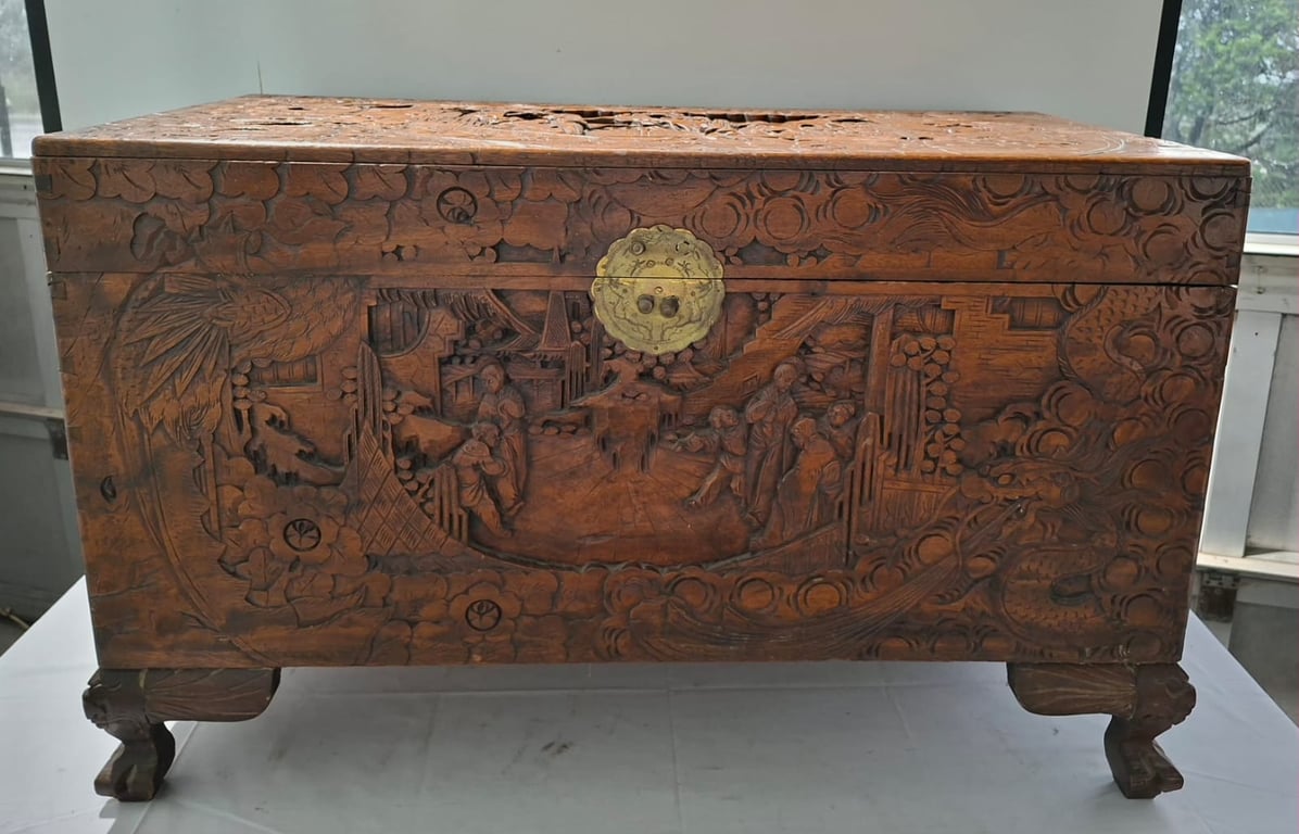 Huge Hand Carved Oriental Wood Chest