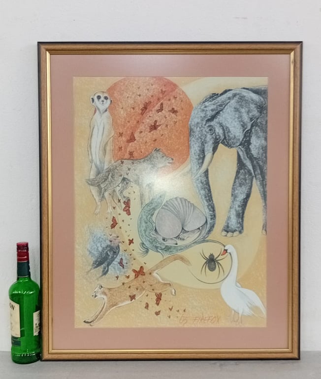Framed surreal wildlife-themed artwork