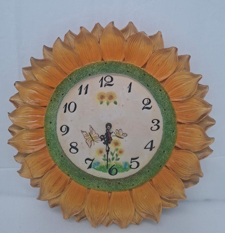 Vintage Glazed Ceramic Sunflower Wall Clock