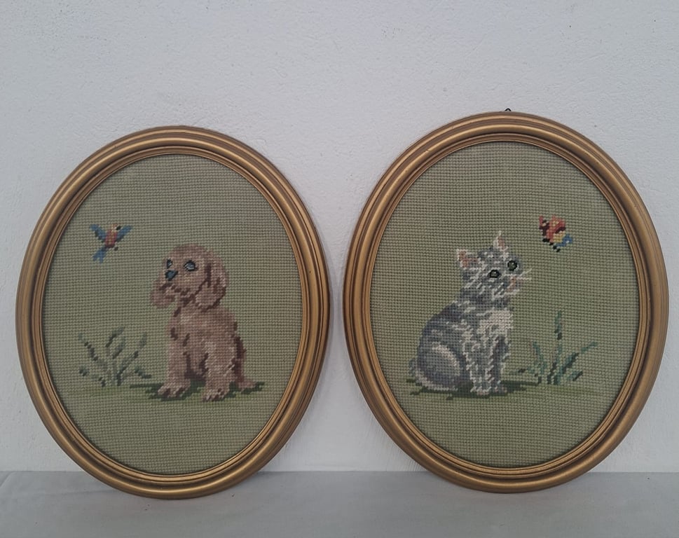 A Pair Of Vintage Oval Framed Needlepoint Pictures