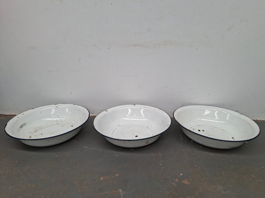 XLarge Set of Three Vintage White Enamel Wash Basins with Black Trim