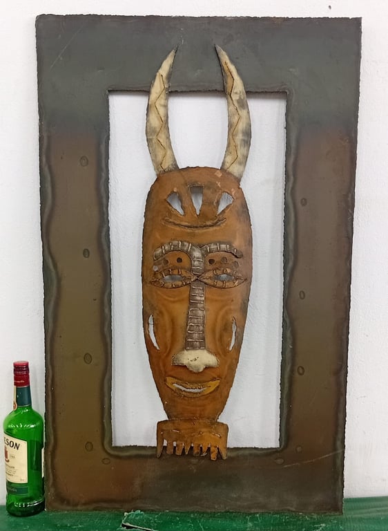 Handcrafted Tribal-Style Mask Wall Art in Metal Frame