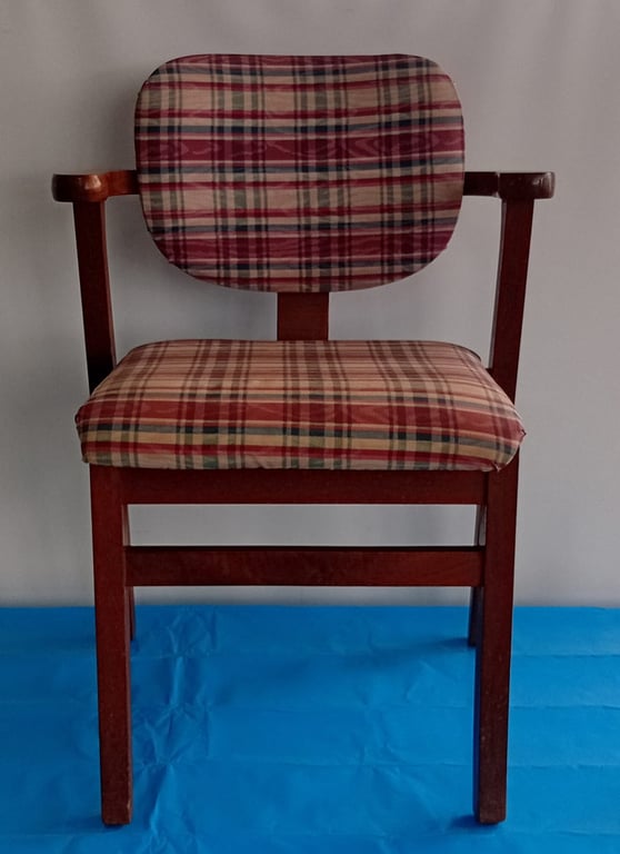 Vintage Wooden Armchair with Plaid Upholstered Cushions