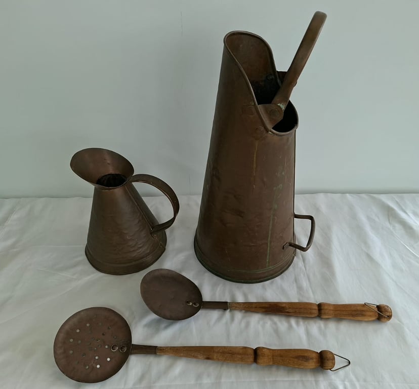 Vintage Copper Hearth & Kitchen Utensils – Coal Scuttle, Water Jug & Ladles